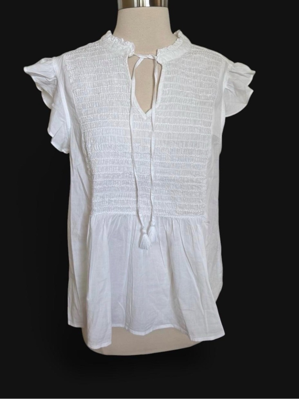 White Smocked Ruffle Sleeve Women's Top